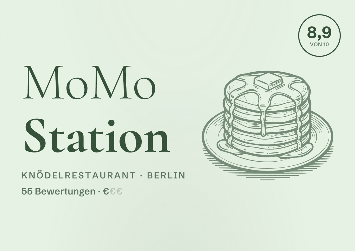 Illustriertes Poster von MoMo Station, Knödelrestaurant in Berlin: Bewertung 8,9 von 10 aus 55 Bewertungen, Preisniveau €
