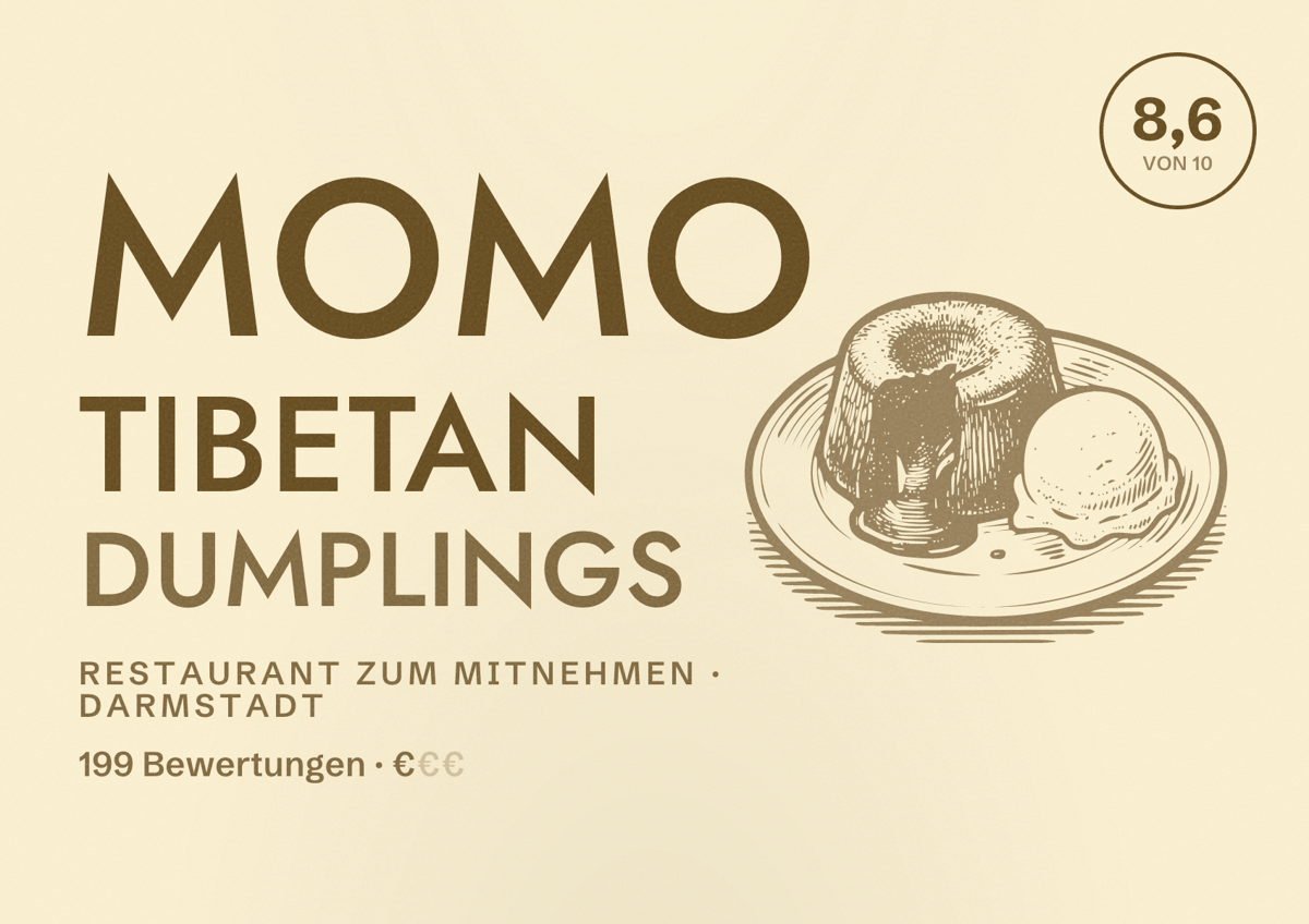 Illustriertes Poster von Momo tibetan dumplings, Restaurant zum Mitnehmen in Darmstadt: Bewertung 8,6 von 10 aus 199 Bewertungen, Preisniveau €