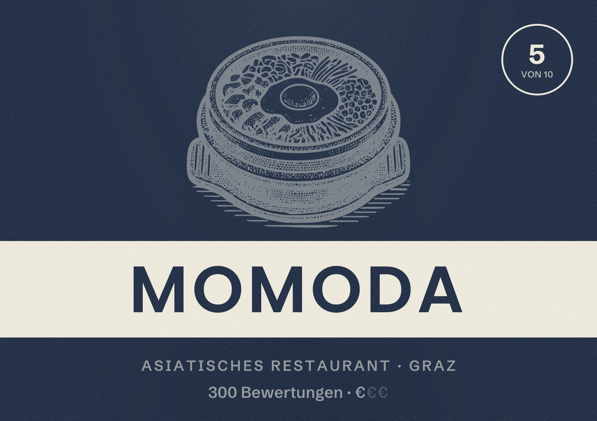 Illustriertes Poster von MOMODA, Asiatisches Restaurant in Graz: Bewertung 5 von 10 aus 300 Bewertungen, Preisniveau €