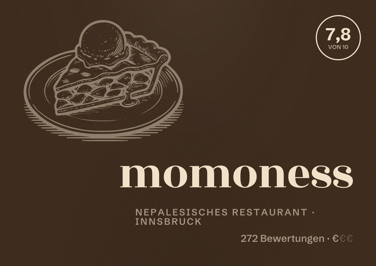 Illustriertes Poster von momoness, Nepalesisches Restaurant in Innsbruck: Bewertung 7,8 von 10 aus 272 Bewertungen, Preisniveau €