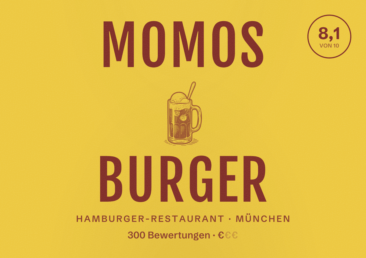 Illustriertes Poster von Momos Burger, Hamburger-Restaurant in München: Bewertung 8,1 von 10 aus 300 Bewertungen, Preisniveau €