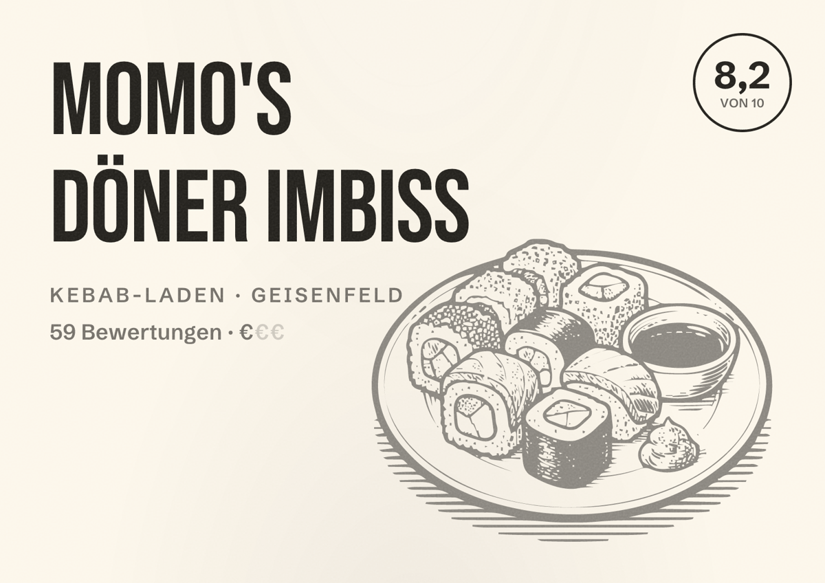 Illustriertes Poster von Momo's Döner Imbiss, Kebab-Laden in Geisenfeld: Bewertung 8,2 von 10 aus 59 Bewertungen, Preisniveau €