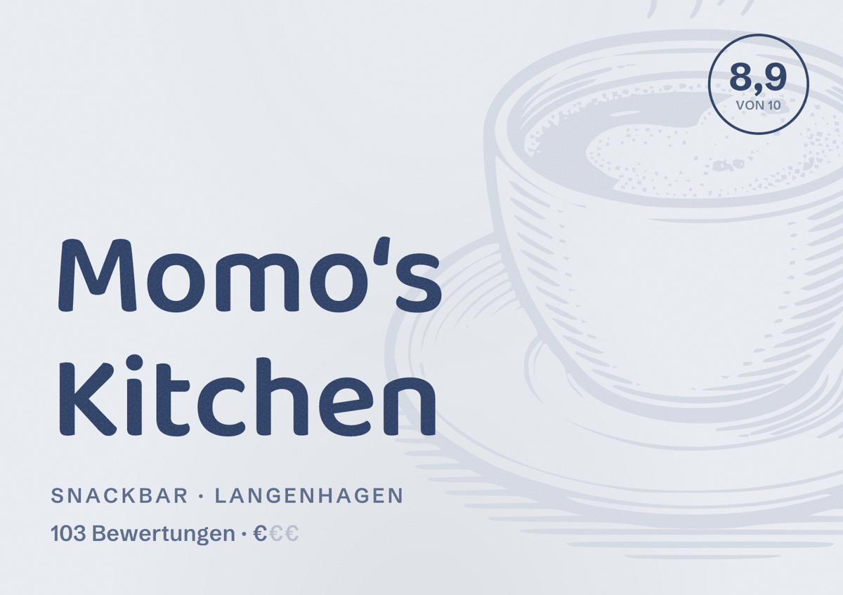 Illustriertes Poster von Momo‘s Kitchen, Snackbar in Langenhagen: Bewertung 8,9 von 10 aus 103 Bewertungen, Preisniveau €
