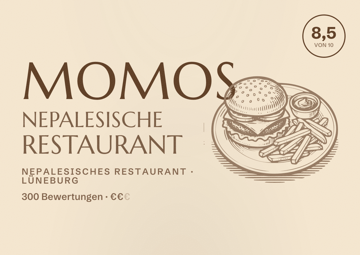 Illustriertes Poster von Momos Nepalesische Restaurant, Nepalesisches Restaurant in Lüneburg: Bewertung 8,5 von 10 aus 300 Bewertungen, Preisniveau €€