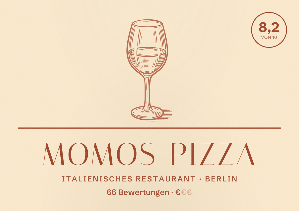 Illustriertes Poster von Momos Pizza, Italienisches Restaurant in Berlin: Bewertung 8,2 von 10 aus 66 Bewertungen, Preisniveau €