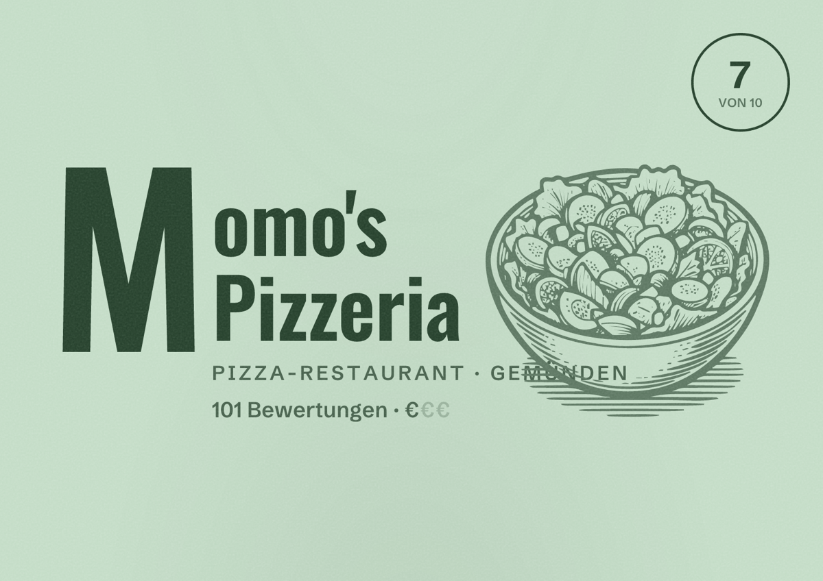 Illustriertes Poster von Momo's Pizzeria, Pizza-Restaurant in Gemünden: Bewertung 7 von 10 aus 101 Bewertungen, Preisniveau €