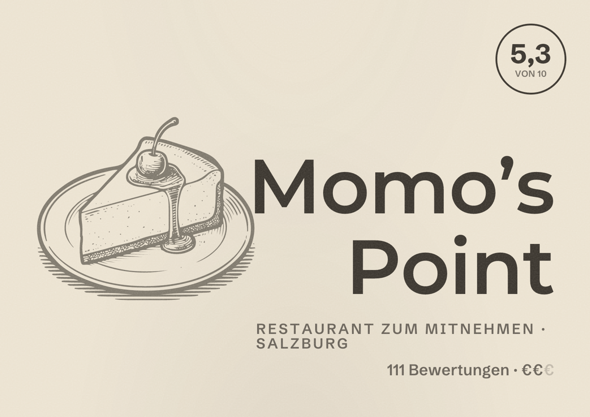 Illustriertes Poster von Momo’s Point, Restaurant zum Mitnehmen in Salzburg: Bewertung 5,3 von 10 aus 111 Bewertungen, Preisniveau €€