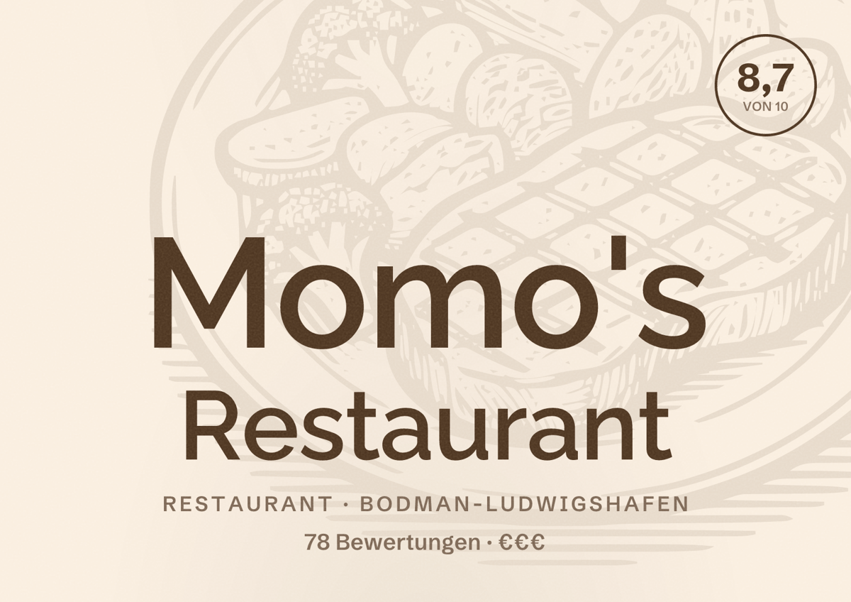 Illustriertes Poster von Momo's Restaurant, Restaurant in Bodman-Ludwigshafen: Bewertung 8,7 von 10 aus 78 Bewertungen, Preisniveau €€€