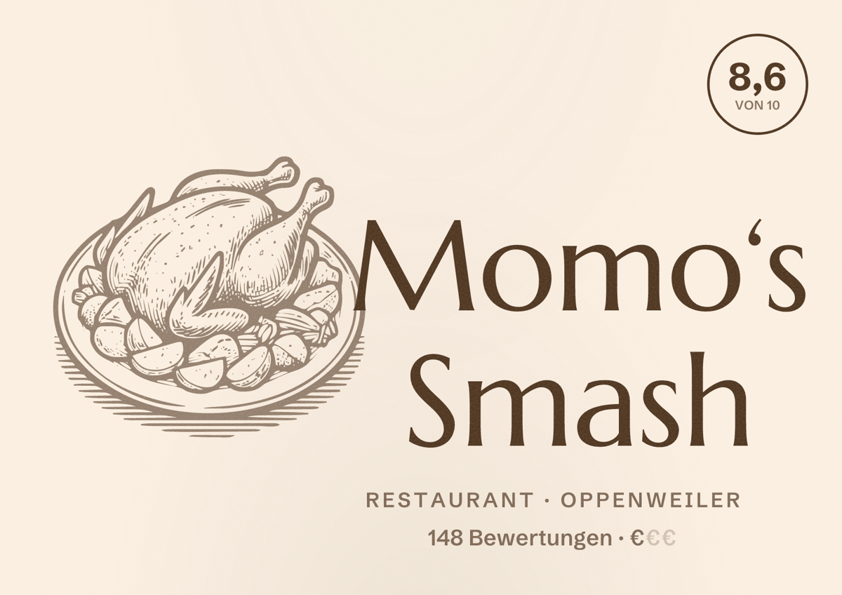 Illustriertes Poster von Momo‘s Smash, Restaurant in Oppenweiler: Bewertung 8,6 von 10 aus 148 Bewertungen, Preisniveau €
