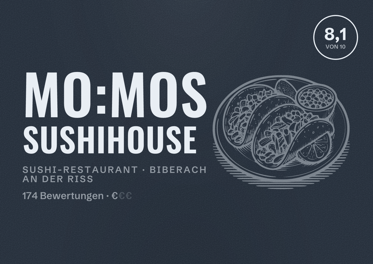 Illustriertes Poster von Mo:Mos Sushihouse, Sushi-Restaurant in Biberach an der Riß: Bewertung 8,1 von 10 aus 174 Bewertungen, Preisniveau €