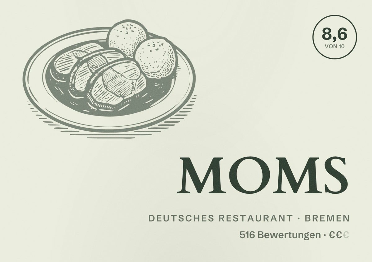 Illustriertes Poster von MOMS, Deutsches Restaurant in Bremen: Bewertung 8,6 von 10 aus 516 Bewertungen, Preisniveau €€