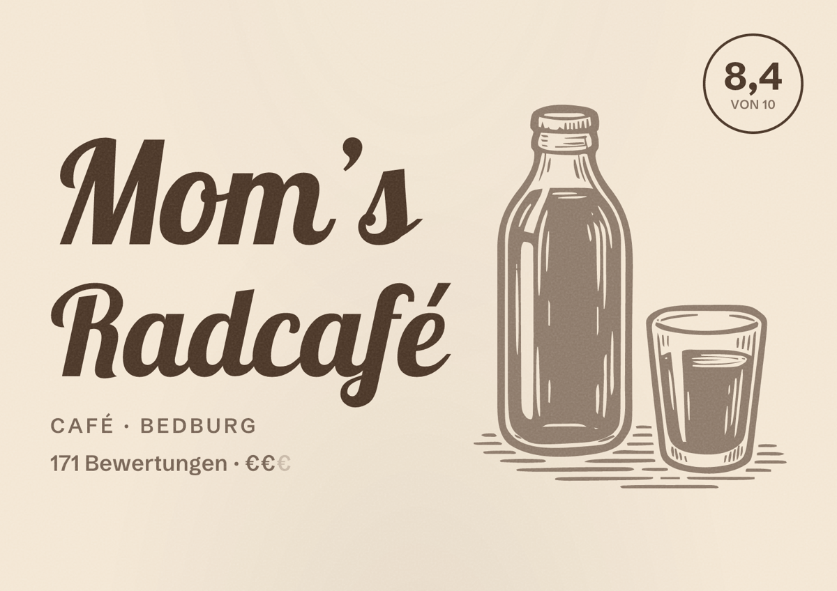 Illustriertes Poster von Mom’s Radcafé, Café in Bedburg: Bewertung 8,4 von 10 aus 171 Bewertungen, Preisniveau €€