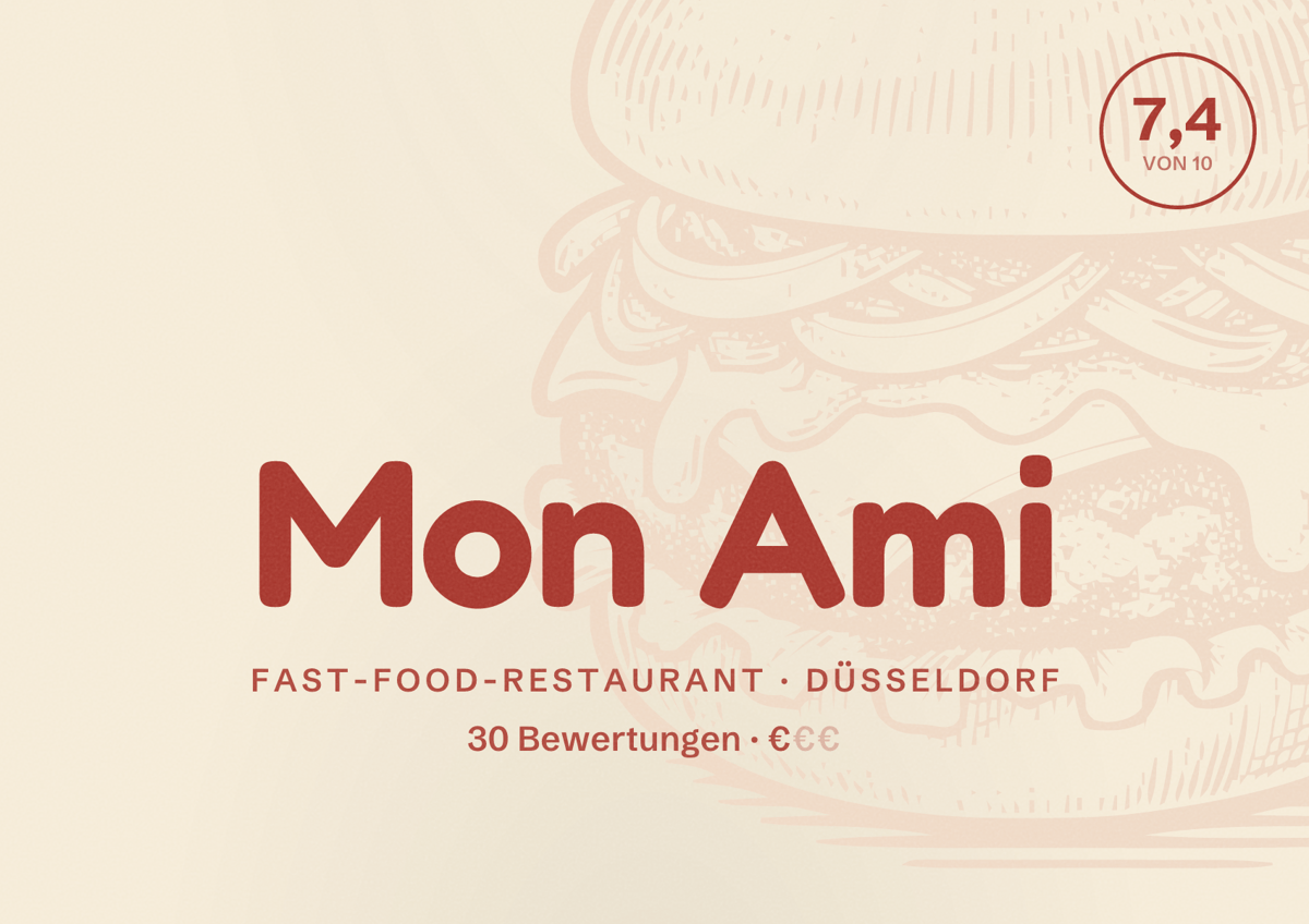Illustriertes Poster von Mon Ami, Fast-Food-Restaurant in Düsseldorf: Bewertung 7,4 von 10 aus 30 Bewertungen, Preisniveau €