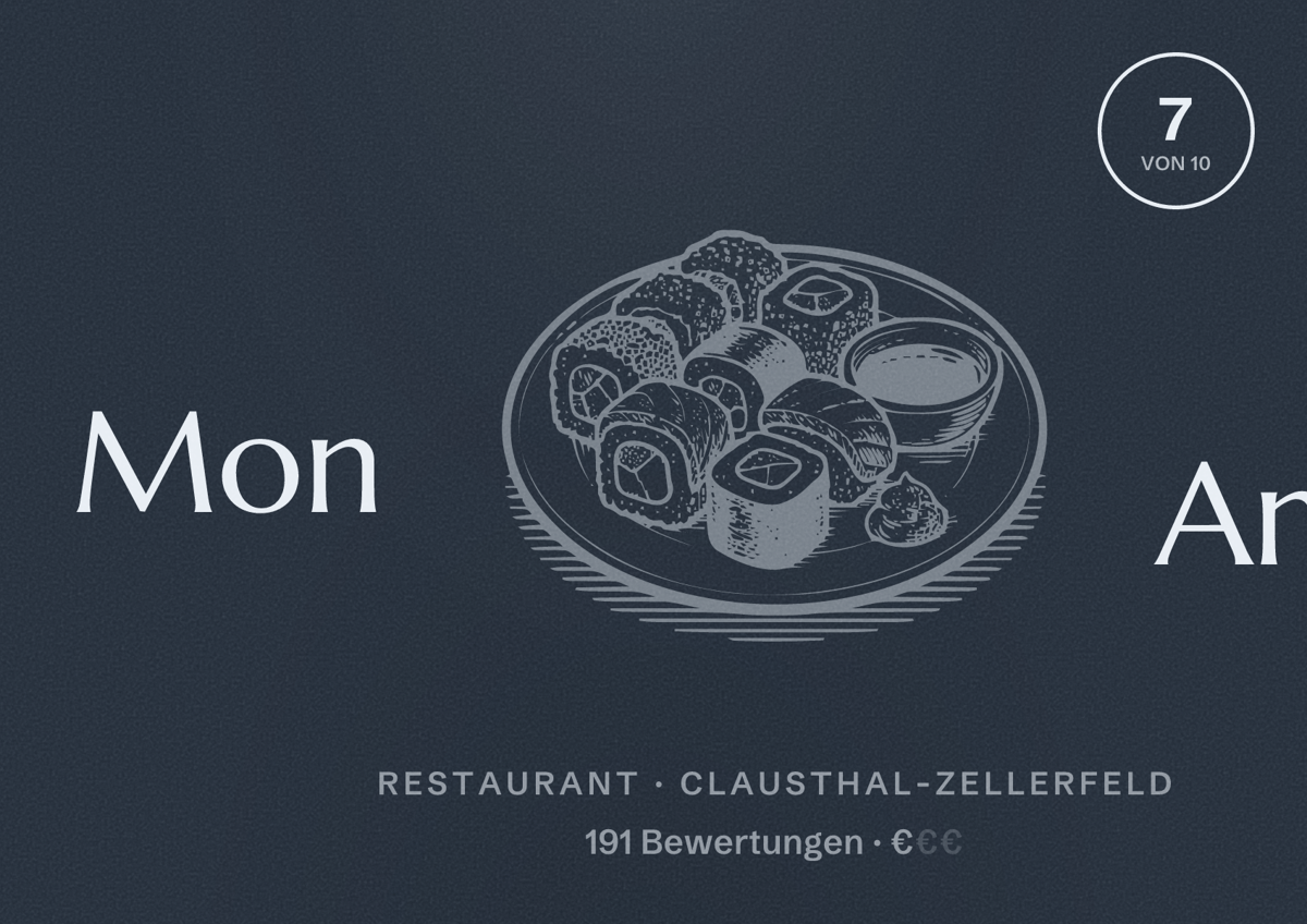 Illustriertes Poster von Mon Amie, Restaurant in Clausthal-Zellerfeld: Bewertung 7 von 10 aus 191 Bewertungen, Preisniveau €
