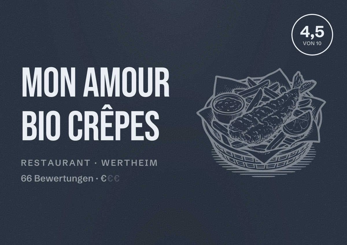 Illustriertes Poster von Mon Amour Bio Crêpes, Restaurant in Wertheim: Bewertung 4,5 von 10 aus 66 Bewertungen, Preisniveau €