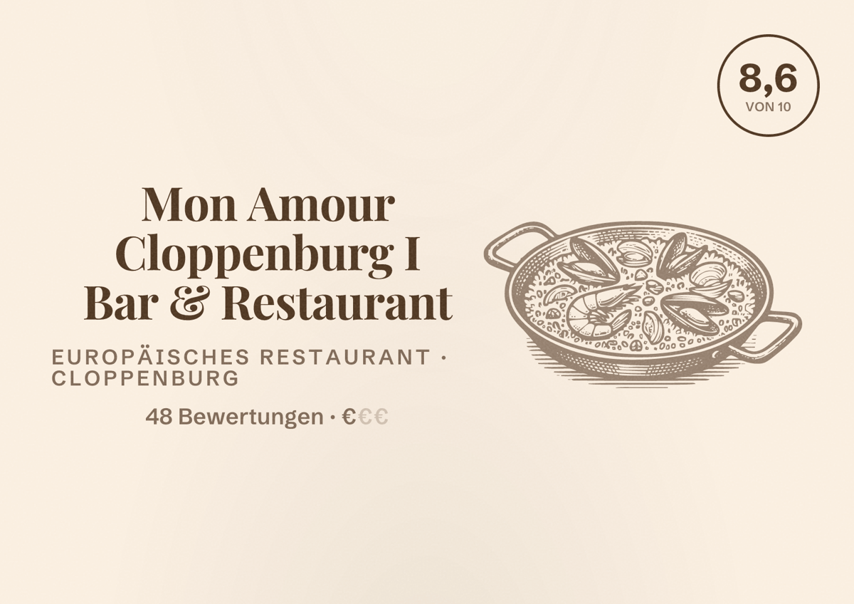 Illustriertes Poster von Mon Amour Cloppenburg I Bar & Restaurant, Europäisches Restaurant in Cloppenburg: Bewertung 8,6 von 10 aus 48 Bewertungen, Preisniveau €