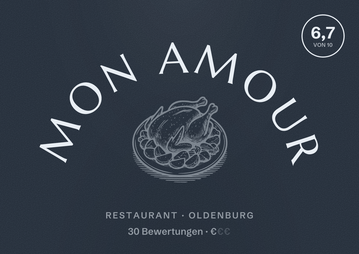 Illustriertes Poster von Mon amour, Restaurant in Oldenburg: Bewertung 6,7 von 10 aus 30 Bewertungen, Preisniveau €