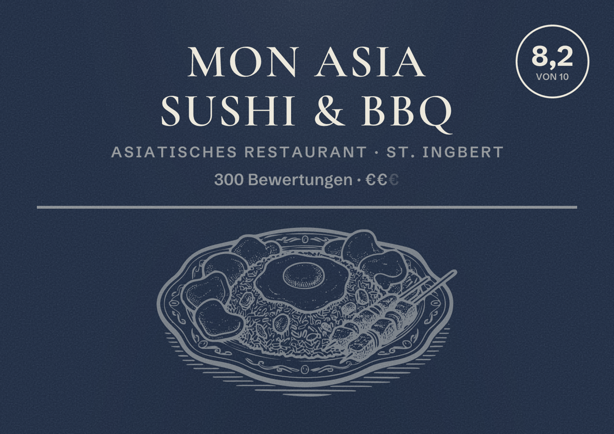 Illustriertes Poster von Mon Asia Sushi & BBQ, Asiatisches Restaurant in St. Ingbert: Bewertung 8,2 von 10 aus 300 Bewertungen, Preisniveau €€