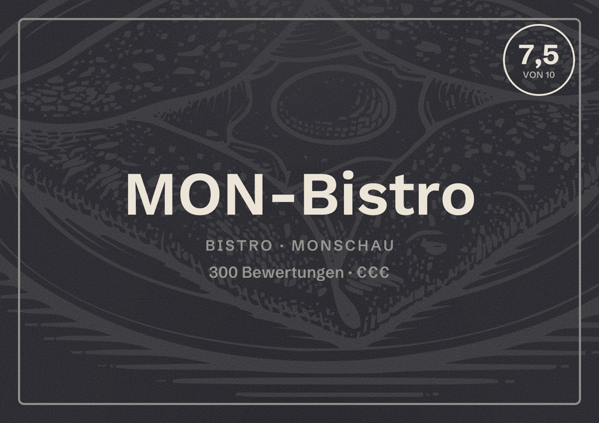 Illustriertes Poster von MON-Bistro, Bistro in Monschau: Bewertung 7,5 von 10 aus 300 Bewertungen, Preisniveau €€€