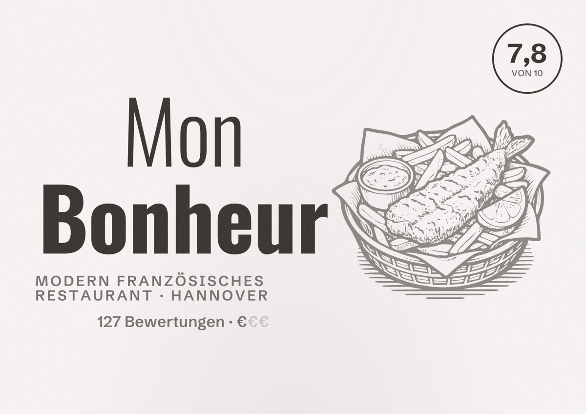 Illustriertes Poster von Mon Bonheur, Modern französisches Restaurant in Hannover: Bewertung 7,8 von 10 aus 127 Bewertungen, Preisniveau €