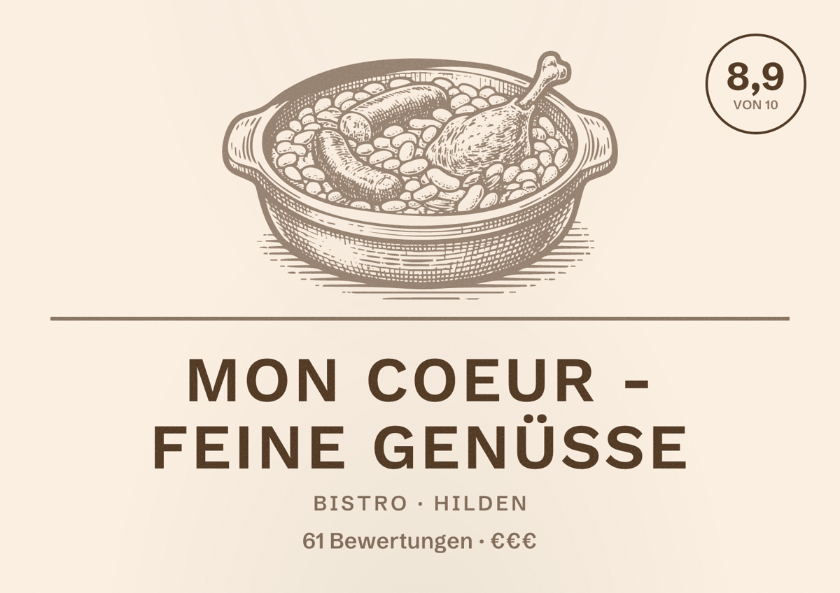 Illustriertes Poster von Mon Coeur - Feine Genüsse, Bistro in Hilden: Bewertung 8,9 von 10 aus 61 Bewertungen, Preisniveau €€€