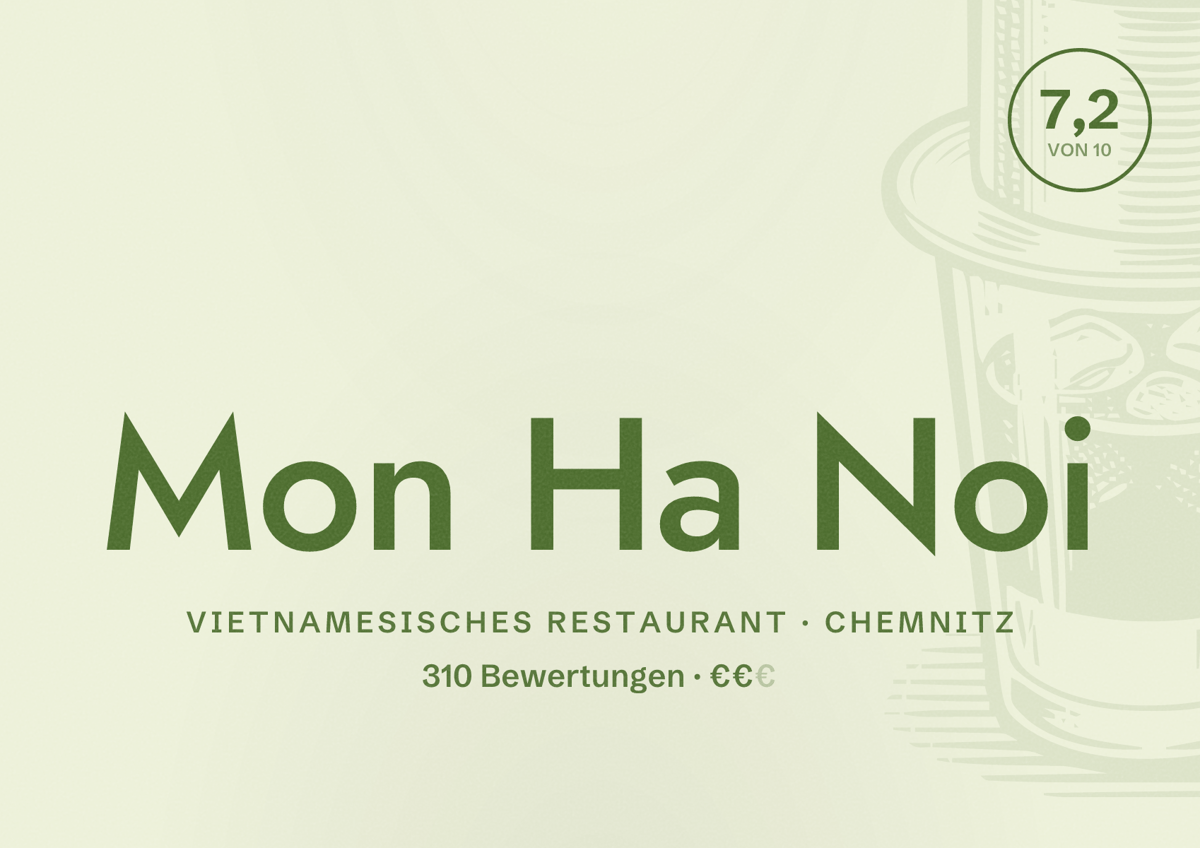 Illustriertes Poster von Mon Ha Noi, Vietnamesisches Restaurant in Chemnitz: Bewertung 7,2 von 10 aus 310 Bewertungen, Preisniveau €€