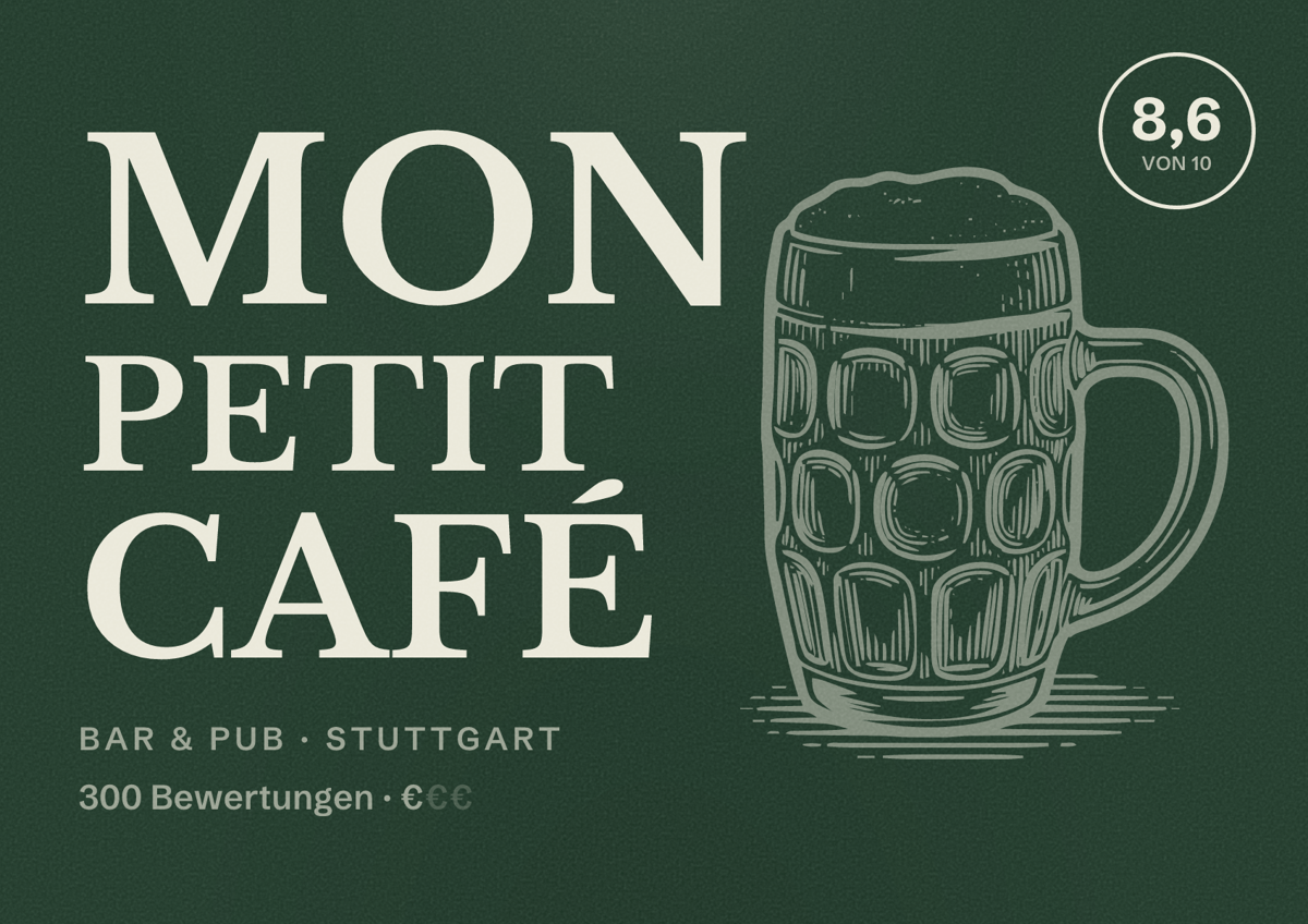 Illustriertes Poster von Mon Petit Café, Bar & Pub in Stuttgart: Bewertung 8,6 von 10 aus 300 Bewertungen, Preisniveau €