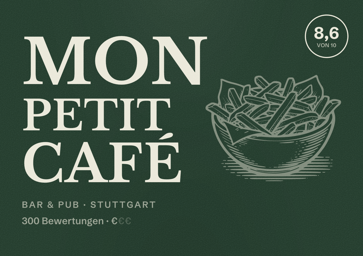Illustriertes Poster von Mon Petit Café, Bar & Pub in Stuttgart: Bewertung 8,6 von 10 aus 300 Bewertungen, Preisniveau €