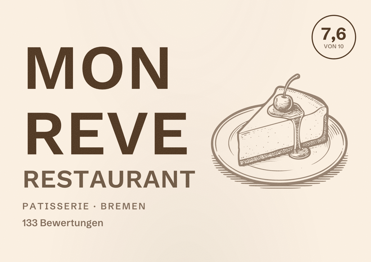 Illustriertes Poster von Mon Reve Restaurant, Patisserie in Bremen: Bewertung 7,6 von 10 aus 133 Bewertungen
