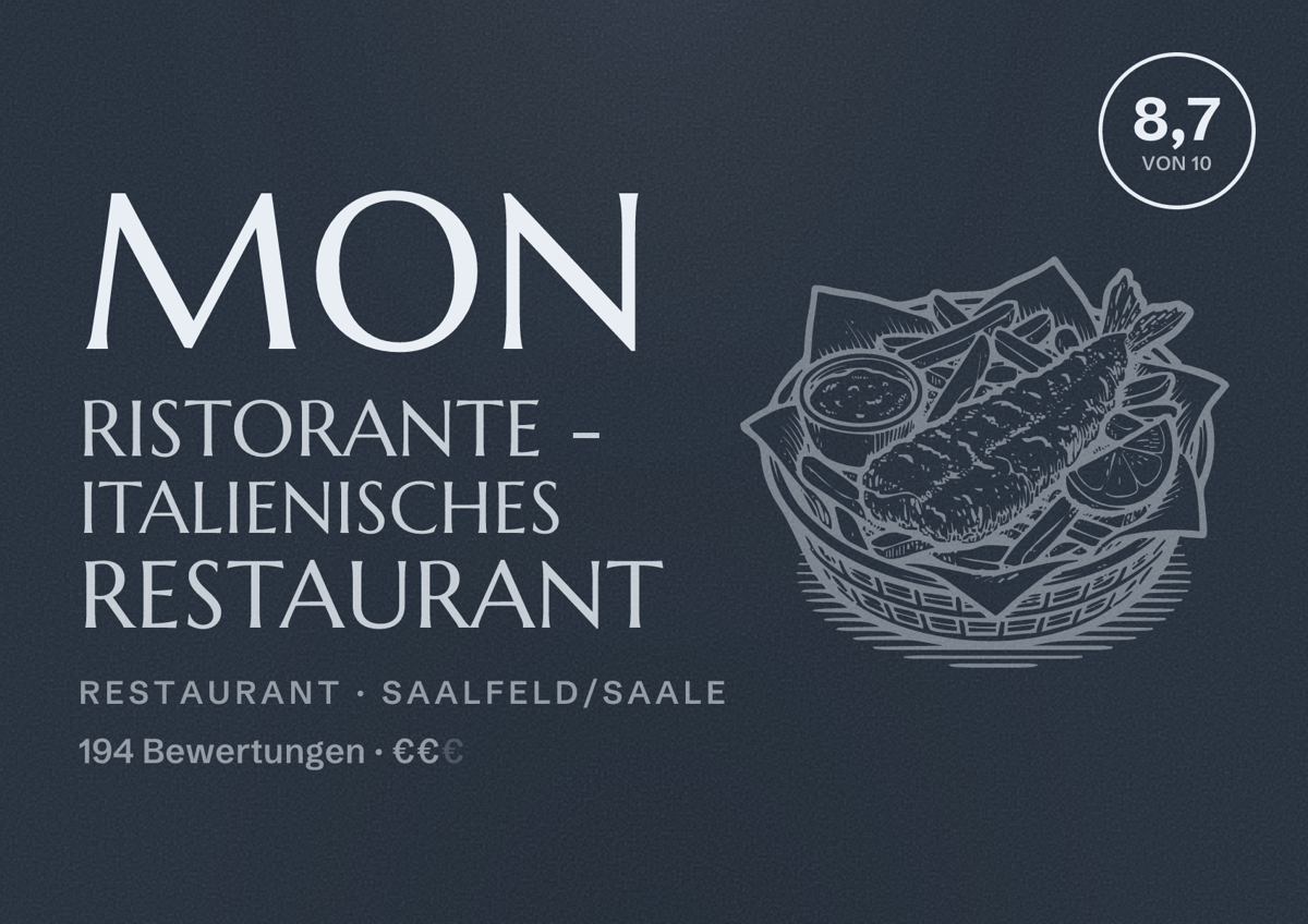 Illustriertes Poster von MON Ristorante - Italienisches Restaurant, Restaurant in Saalfeld/Saale: Bewertung 8,7 von 10 aus 194 Bewertungen, Preisniveau €€