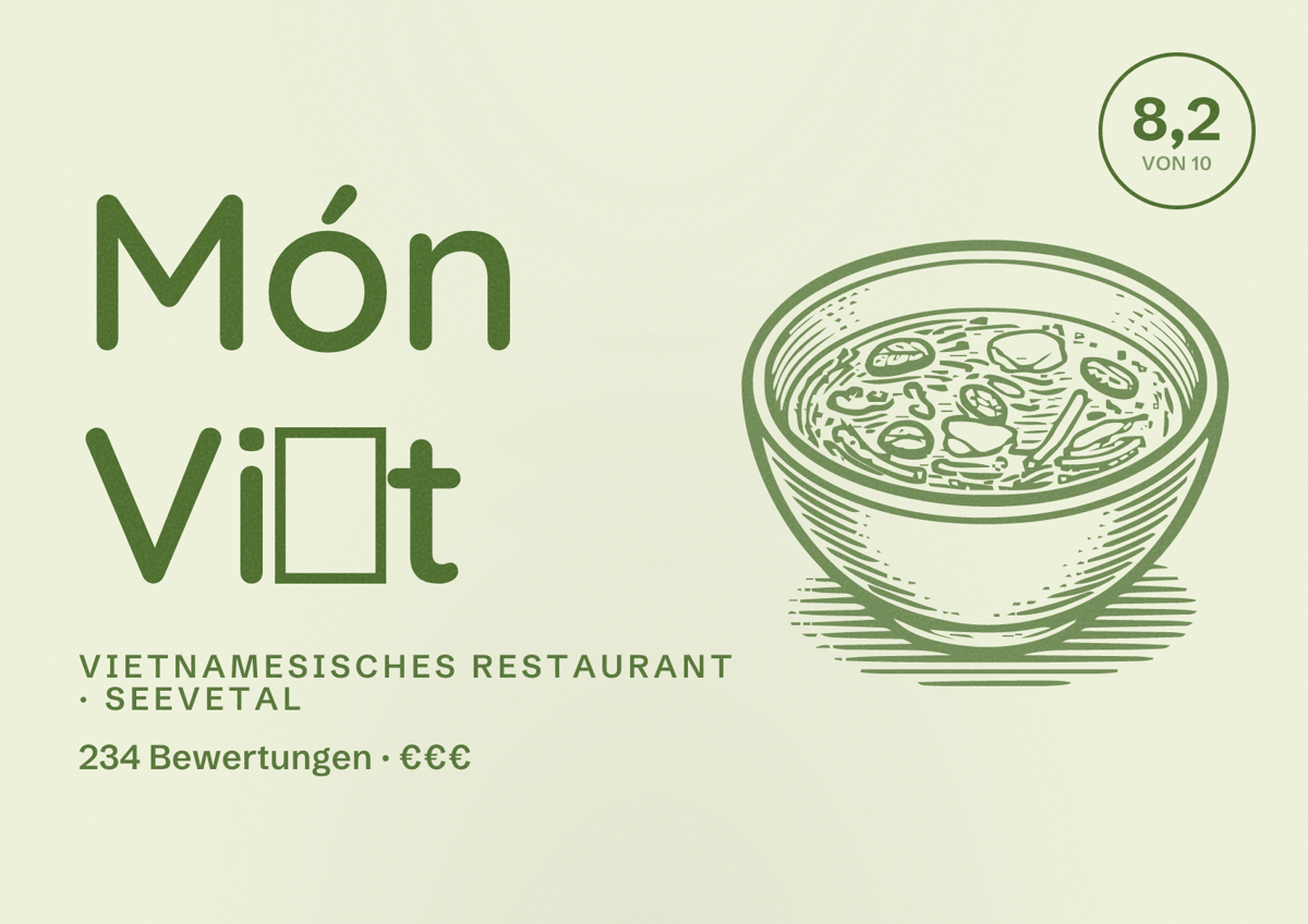 Illustriertes Poster von Món Việt, Vietnamesisches Restaurant in Seevetal: Bewertung 8,2 von 10 aus 234 Bewertungen, Preisniveau €€€