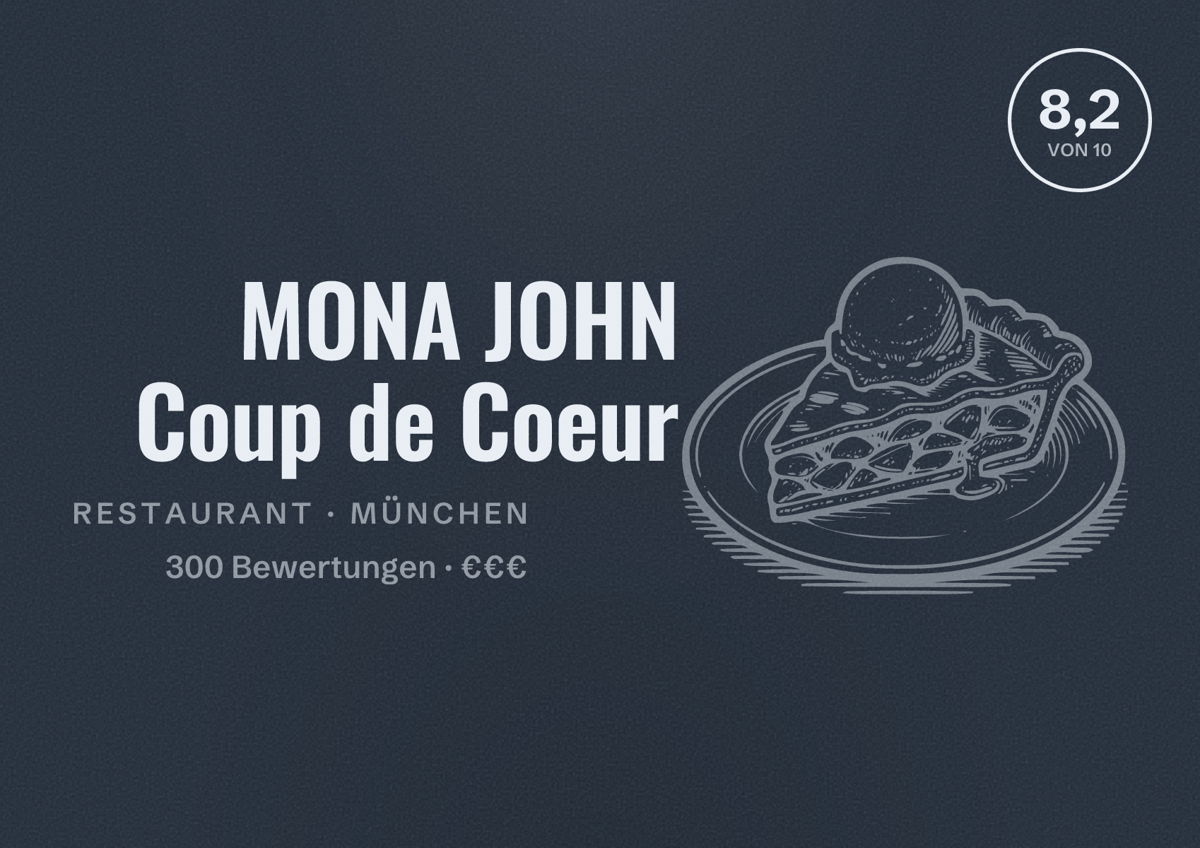 Illustriertes Poster von MONA JOHN Coup de Coeur, Restaurant in München: Bewertung 8,2 von 10 aus 300 Bewertungen, Preisniveau €€€