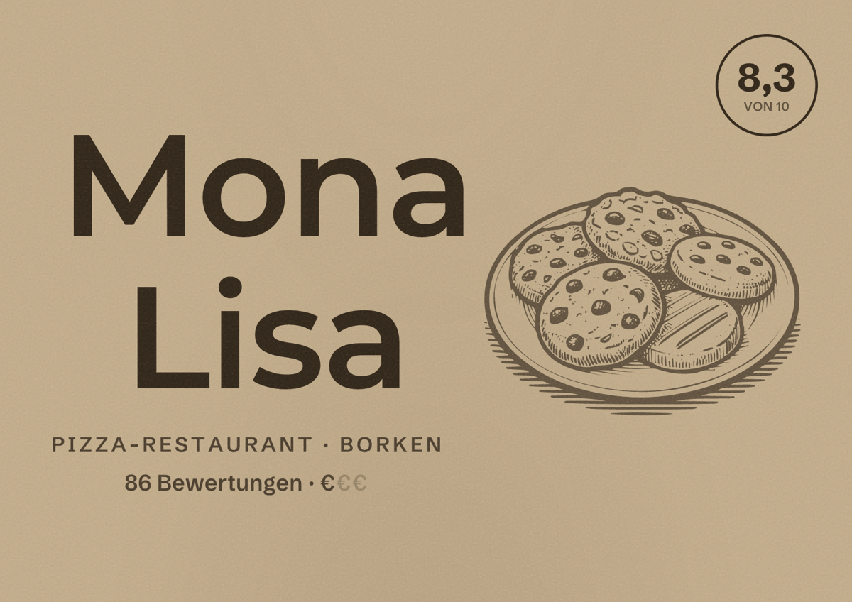 Illustriertes Poster von Mona Lisa, Pizza-Restaurant in Borken: Bewertung 8,3 von 10 aus 86 Bewertungen, Preisniveau €