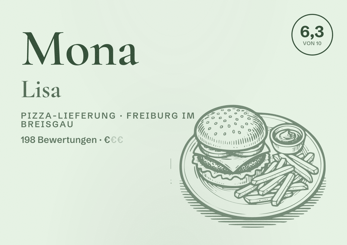 Illustriertes Poster von Mona Lisa, Pizza-Lieferung in Freiburg im Breisgau: Bewertung 6,3 von 10 aus 198 Bewertungen, Preisniveau €