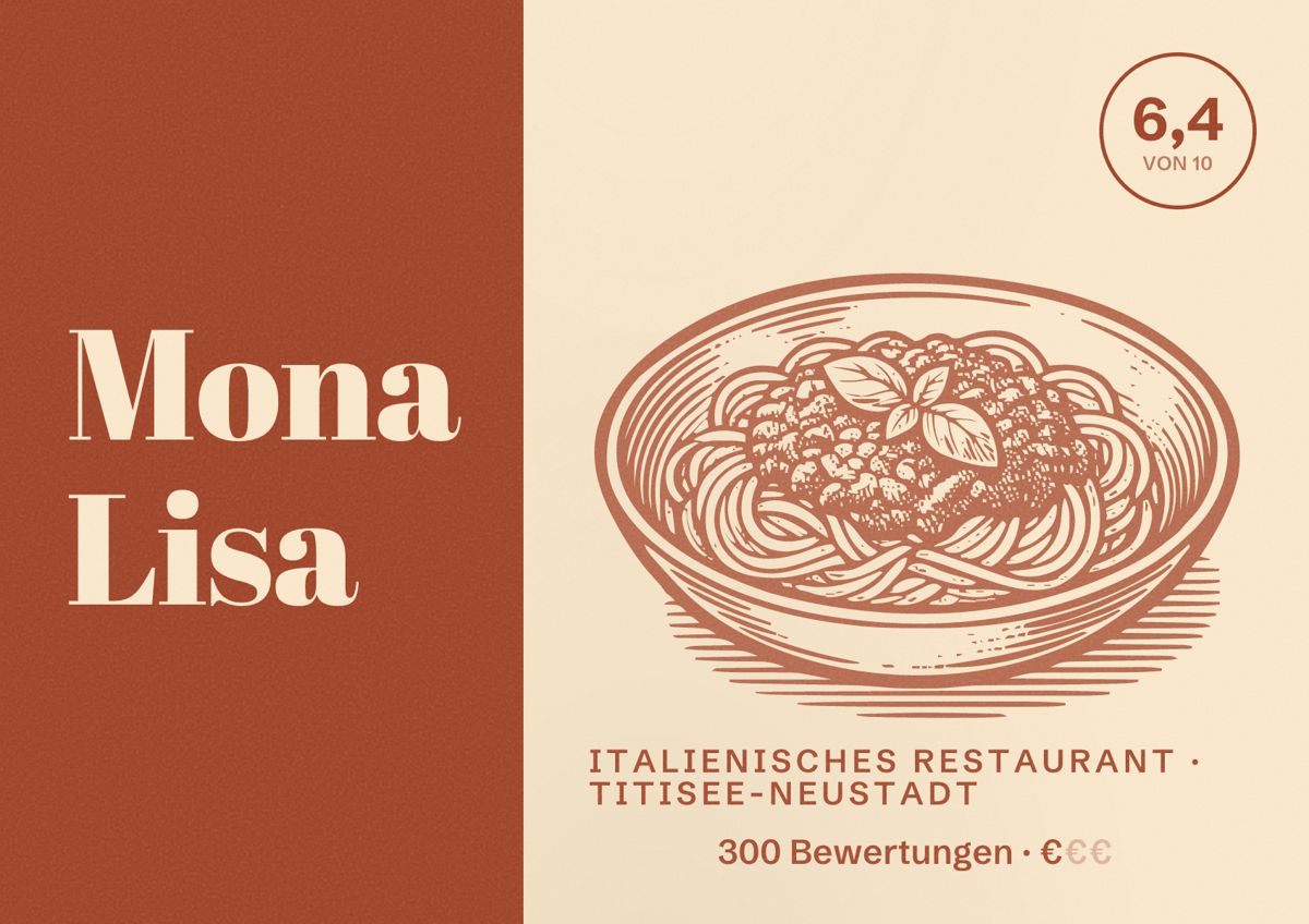 Illustriertes Poster von Mona Lisa, Italienisches Restaurant in Titisee-Neustadt: Bewertung 6,4 von 10 aus 300 Bewertungen, Preisniveau €