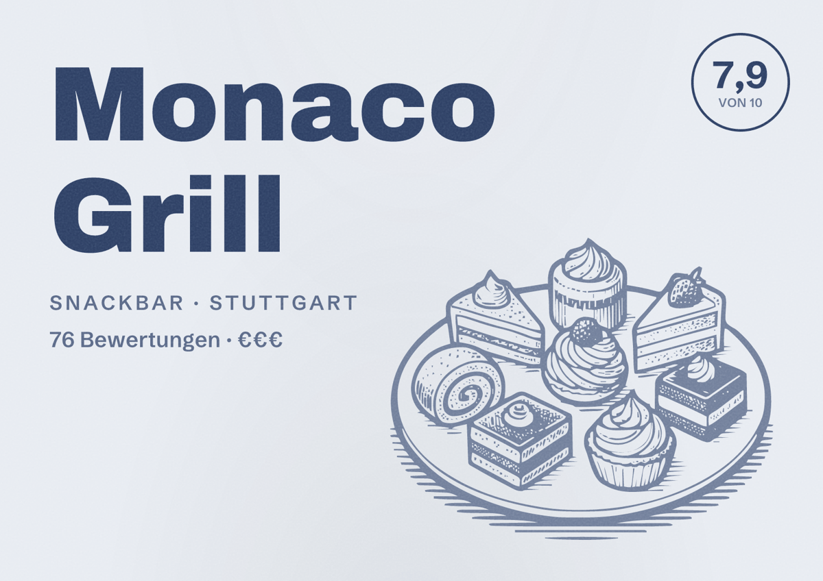 Illustriertes Poster von Monaco Grill, Snackbar in Stuttgart: Bewertung 7,9 von 10 aus 76 Bewertungen, Preisniveau €€€
