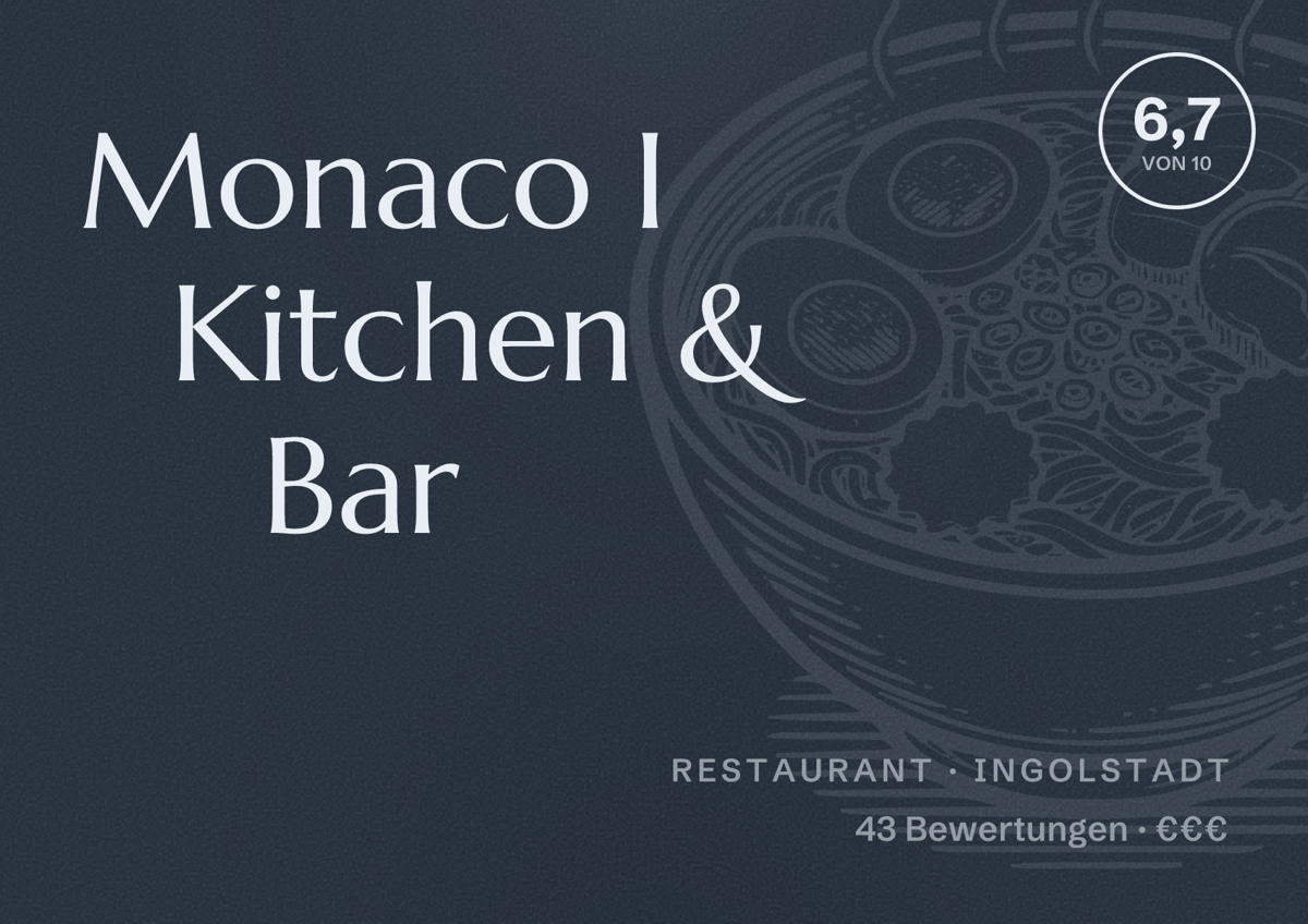 Illustriertes Poster von Monaco I Kitchen & Bar, Restaurant in Ingolstadt: Bewertung 6,7 von 10 aus 43 Bewertungen, Preisniveau €€€