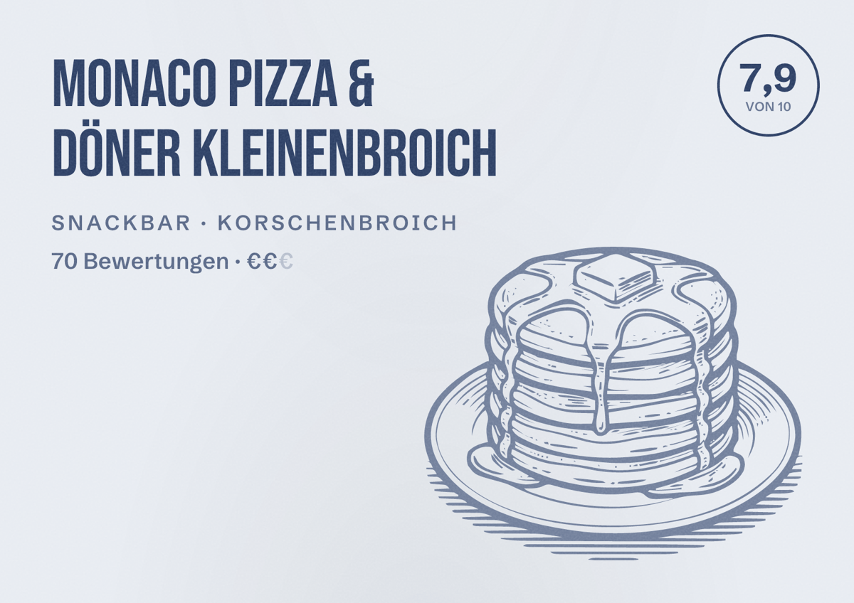Illustriertes Poster von Monaco Pizza & Döner Kleinenbroich, Snackbar in Korschenbroich: Bewertung 7,9 von 10 aus 70 Bewertungen, Preisniveau €€