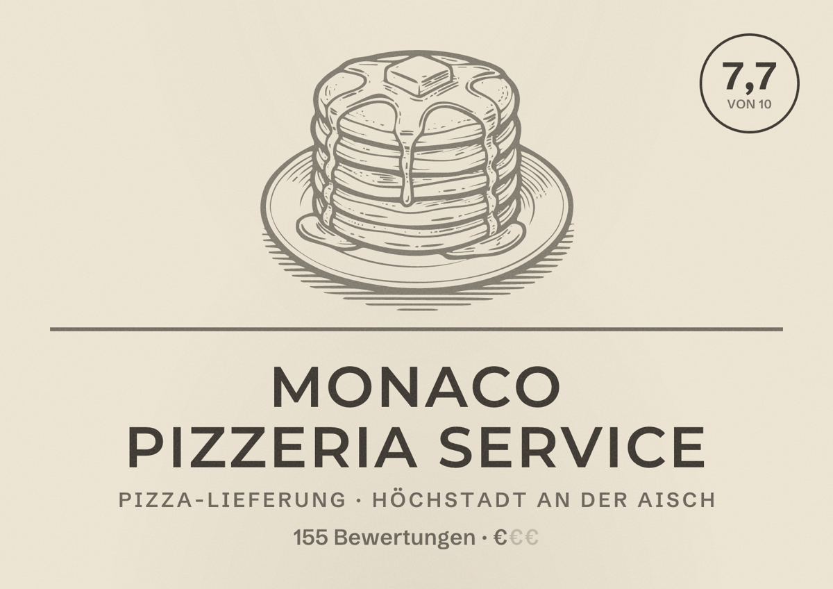 Illustriertes Poster von Monaco Pizzeria Service, Pizza-Lieferung in Höchstadt an der Aisch: Bewertung 7,7 von 10 aus 155 Bewertungen, Preisniveau €