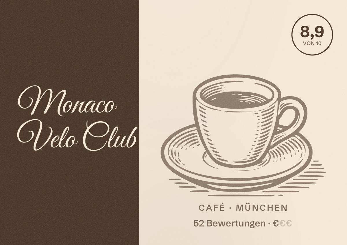 Illustriertes Poster von Monaco Velo Club, Café in München: Bewertung 8,9 von 10 aus 52 Bewertungen, Preisniveau €