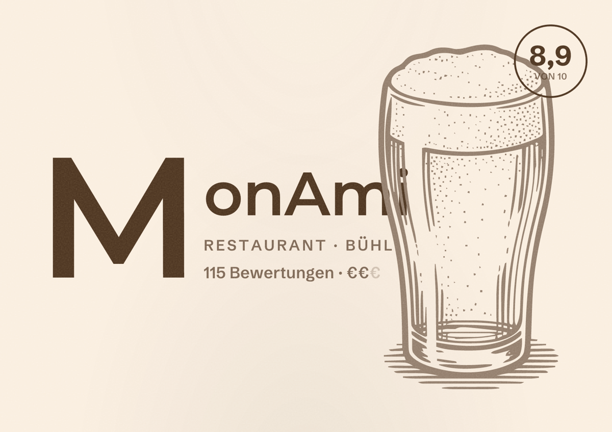 Illustriertes Poster von MonAmi, Restaurant in Bühl: Bewertung 8,9 von 10 aus 115 Bewertungen, Preisniveau €€