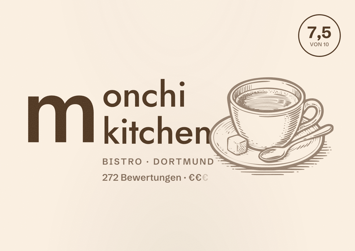 Illustriertes Poster von monchi kitchen, Bistro in Dortmund: Bewertung 7,5 von 10 aus 272 Bewertungen, Preisniveau €€