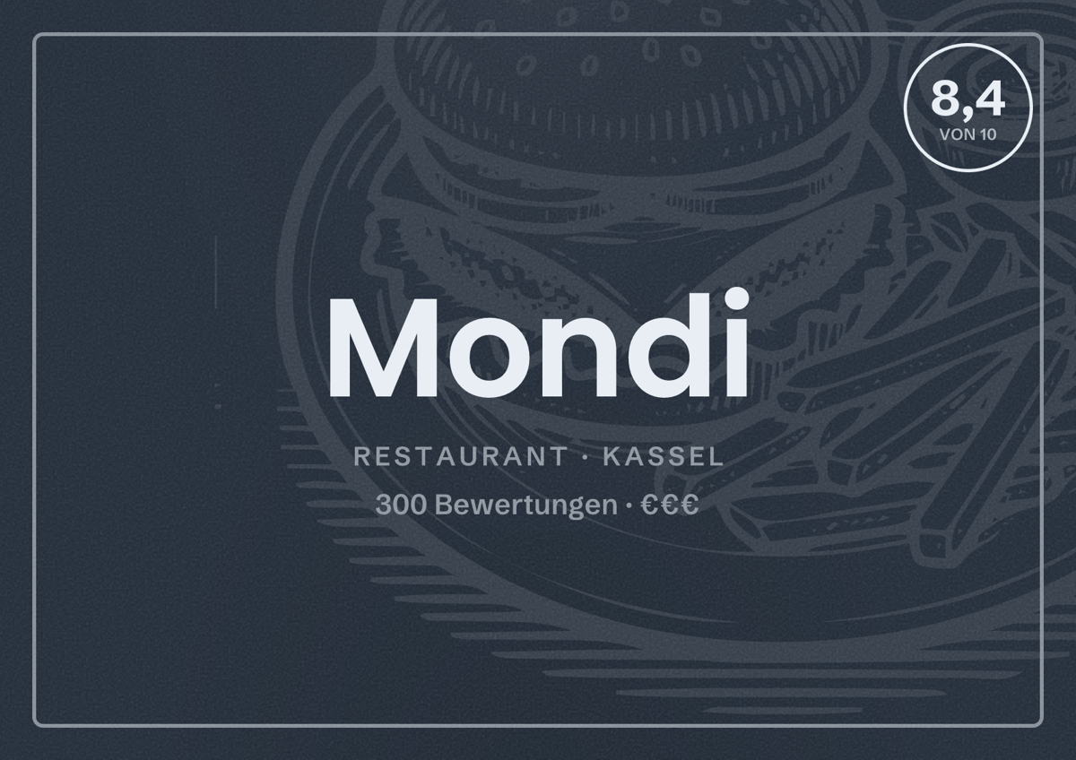 Illustriertes Poster von Mondi, Restaurant in Kassel: Bewertung 8,4 von 10 aus 300 Bewertungen, Preisniveau €€€