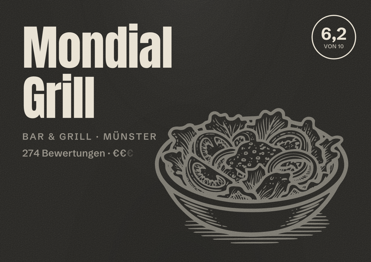 Illustriertes Poster von Mondial Grill, Bar & Grill in Münster: Bewertung 6,2 von 10 aus 274 Bewertungen, Preisniveau €€