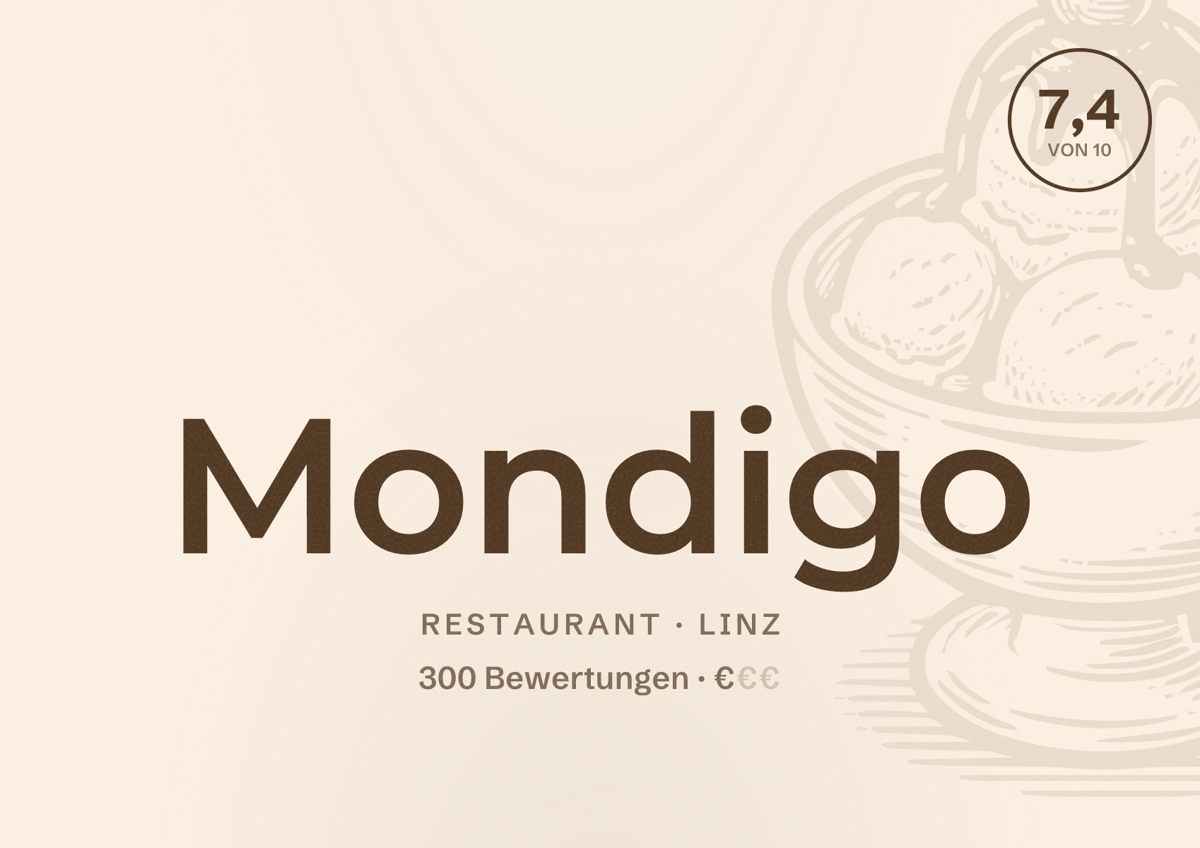 Illustriertes Poster von Mondigo, Restaurant in Linz: Bewertung 7,4 von 10 aus 300 Bewertungen, Preisniveau €