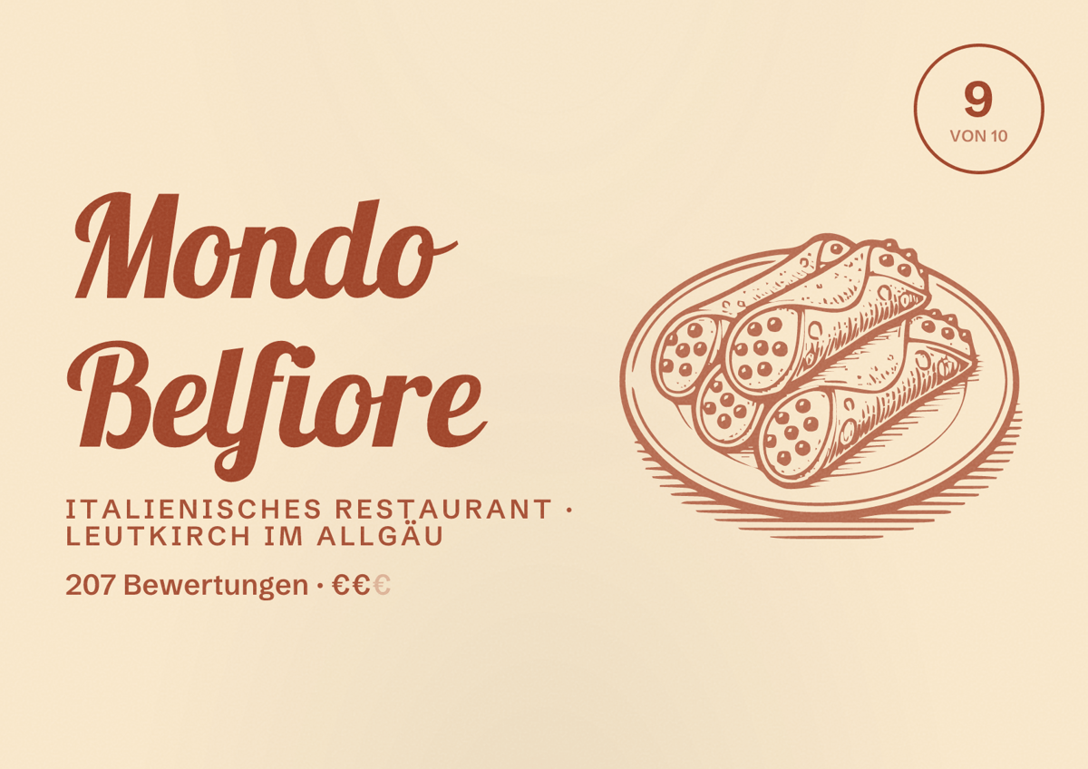 Illustriertes Poster von Mondo Belfiore, Italienisches Restaurant in Leutkirch im Allgäu: Bewertung 9 von 10 aus 207 Bewertungen, Preisniveau €€