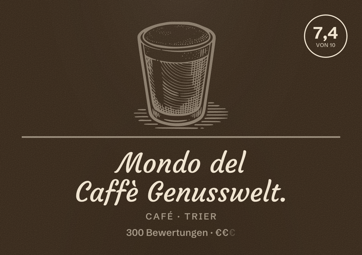 Illustriertes Poster von Mondo del Caffè Genusswelt., Café in Trier: Bewertung 7,4 von 10 aus 300 Bewertungen, Preisniveau €€