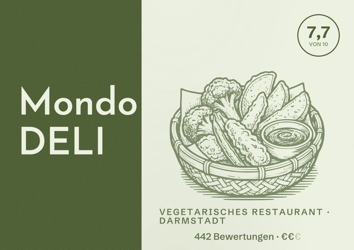 Illustriertes Poster von Mondo DELI, Vegetarisches Restaurant in Darmstadt: Bewertung 7,7 von 10 aus 442 Bewertungen, Preisniveau €€