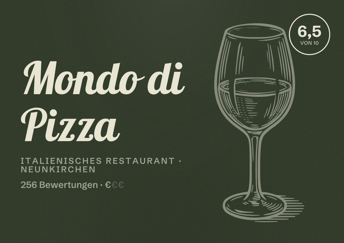 Illustriertes Poster von Mondo di Pizza, Italienisches Restaurant in Neunkirchen: Bewertung 6,5 von 10 aus 256 Bewertungen, Preisniveau €