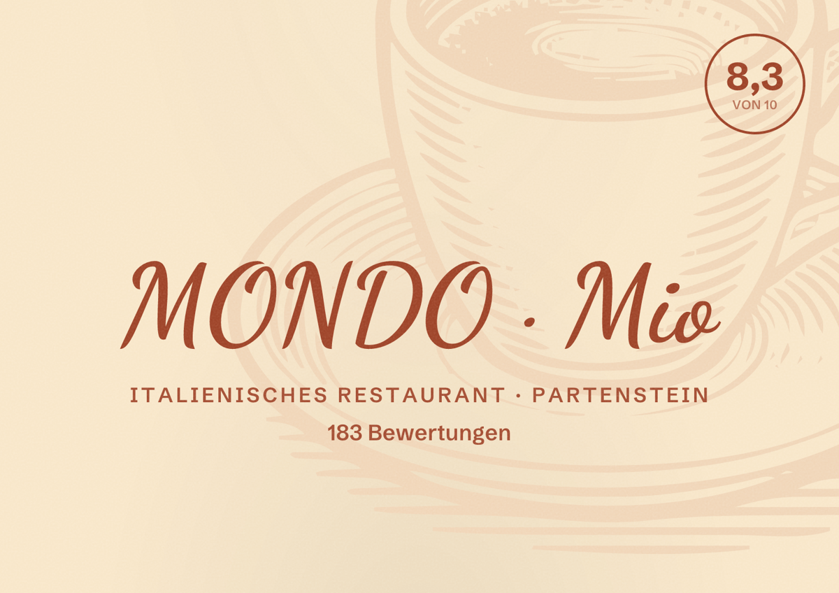 Illustriertes Poster von MONDO Mio, Italienisches Restaurant in Partenstein: Bewertung 8,3 von 10 aus 183 Bewertungen